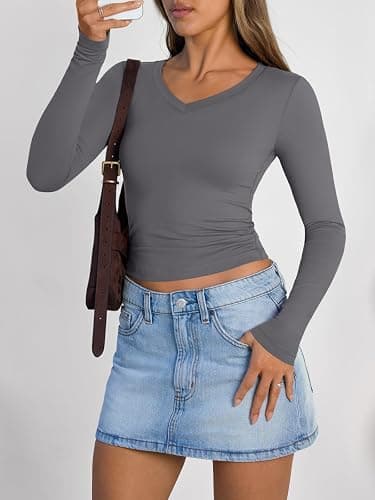 Trendy Queen Long Sleeve Shirts for Women 2026 Fall Fashion V Neck Basics Crop Tops Slim Fitted Y2K Tops Outfits Clothes thumbnail 6