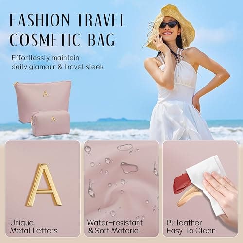 CLOUDWINGS Women Gifts | Initial Makeup Bag Set for Girl Personalized Gifts for Bridesmaid Friend Graduation Teachers PU Leather Cosmetic Travel Toiletry Bag(Pink,A) thumbnail 3