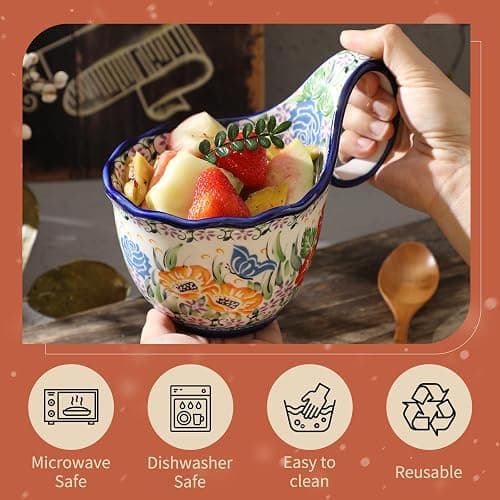 ALMA 2025 Updated Soup Bowl with Long Handle Microwavave Safe,18oz Cereal Bowl, Flower Mug Giftable for Women,Unique Cereal Bowls-Meadow Elegy Theme thumbnail 6