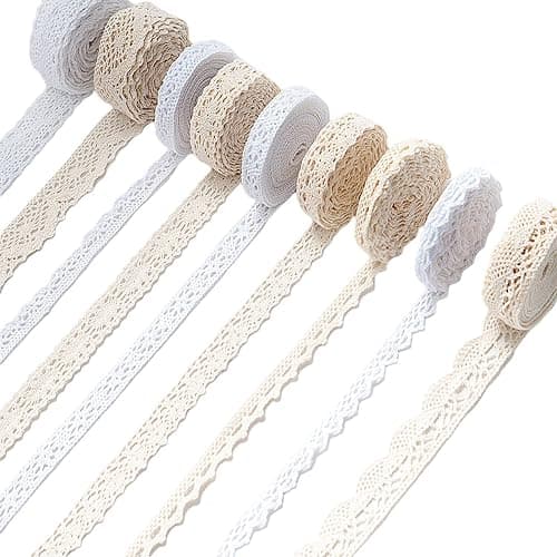 Ribbon Lace 45 Yards Vintage Ribbon Cotton Lace Craft Lace Crochet Sewing for Gift Package Wrapping, Bridal Wedding Decoration, Scrapbooking Supplies (Beige+White) - Image 1