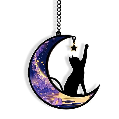 Halloween Black Cat Moon Decor Witchy Gifts for Women | Cat Lovers Friends Teen Girls Stained Glass Window Hanging Ornament Gifts For Christmas Halloween Decorations (Purple) - Image 1