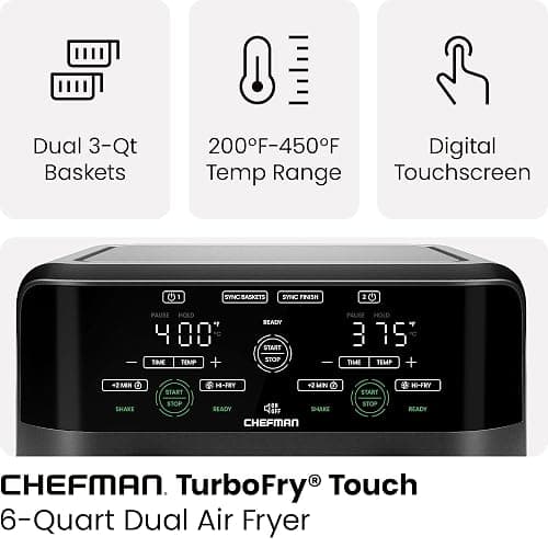 Chefman 6 Quart Dual Basket Air Fryer - Digital Touchscreen, Smart Sync Finish, Hi-Fry, Auto Shutoff, 2 Independent 3QT Nonstick Dishwasher-Safe Frying Baskets - Digital Double Air Fryer - Black thumbnail 5