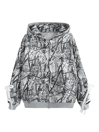 SHENHE Women's Zip Up Camo Hoodie Y2k Vintage Ribbon Bow Graphic Sweatshirt Jacket - Small - Grey