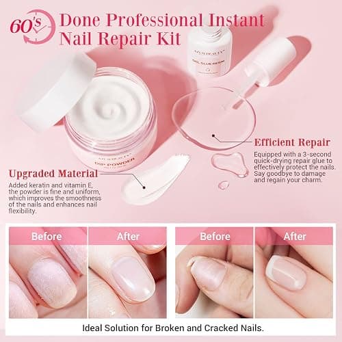AZUREBEAUTY Nail Repair Kit Transparent Crystal for Broken Cracked Split Weak Nails, Ideal Solution Emergency Easy Quick Fix Dip Powder 28 g 1 Oz Quick-Drying Repair Glue 10 ml Nail File Nail Buffer thumbnail 2