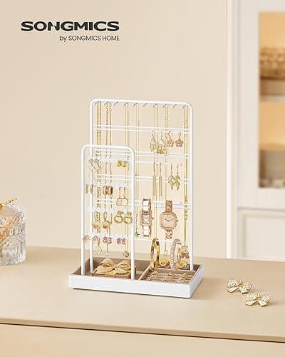 SONGMICS Jewelry Holder, Jewelry Organizer, Jewelry Display Stand with Metal Frame, Velvet Tray, Necklace Earring Bracelet Holder, for Studs, Rings, Gift Idea, Matte White UJJS028W01 thumbnail 3
