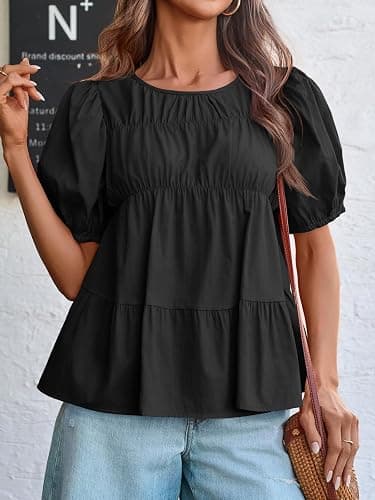 Tankaneo Womens Puff Sleeve Peplum Babydoll Tops Summer Smoked Pleated Cotton T-Shirts Casual Loose Fit Flowy Blouse thumbnail 3