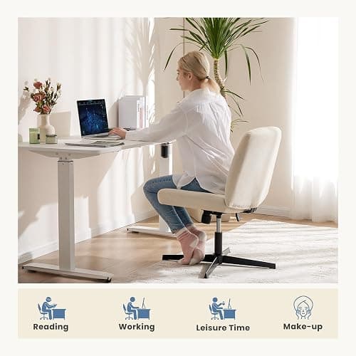 DUMOS Criss Cross Chair No Wheels Wide Cross Legged Office Desk Vanity Chair Comfy Fabric Armless Adjustable Swivel for Home Computer Task (Beige) thumbnail 7