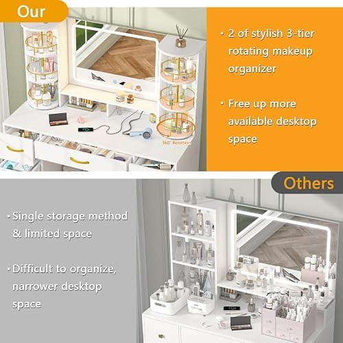 Vanity Desk with Mirror and Lights, White Makeup Vanity Table with 360° Rotating Shelves, Large Vanity Desk with 7 Drawers, Power Outlet, Dressing Table Set with Lighted Mirror Adjustable, for Bedroom thumbnail 6