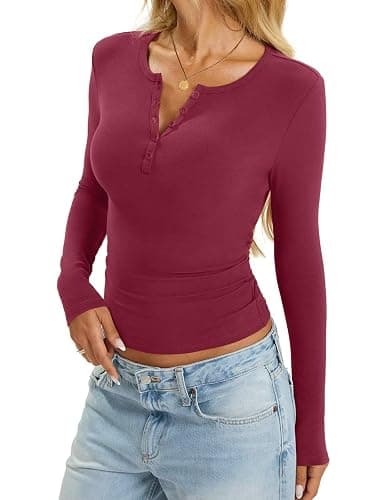 EasyGala Womens Cotton Long Sleeve Shirts V Neck Henley Tops Slim Fit Basic Going Out Tshirts Fall Fashion Outfits 2026 thumbnail 4
