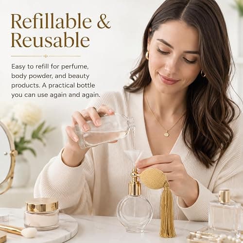 Beavorty Vintage Perfume Spray Bottle Refillable Travel Atomizer with Long Tassels Powder Spray Bottle for Makeup Body Powder and Perfume Compact Flat Round 3.26 X 2.99 X 0.66 in thumbnail 2