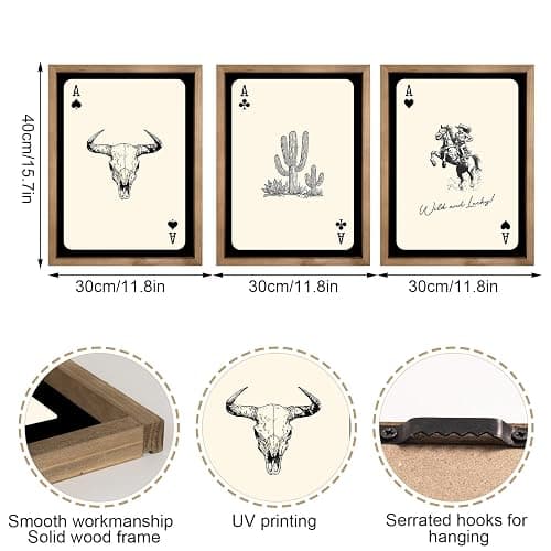 flangairy 3 Piece Western Wall Art Framed, 15.7×11.8 In Wooden Cowgirl Longhorn Bull Skull Cactus Wall Decor, Playing Card Themed Southwestern Rustic Farmhouse Decorations for Home Bedroom Living Room thumbnail 2