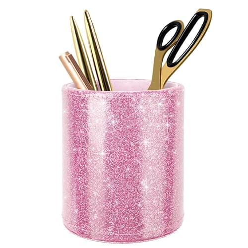 WAVEYU Glitter Pen Holder for Desk, Cute Pencil Cup Pink for Women Girls, Luxury Makeup Brush Holder Large Pu Leather Multi-Functional Organizer Cup for Office, Classroom, Home, Glitter Pink - Glitter Pink - Image 1