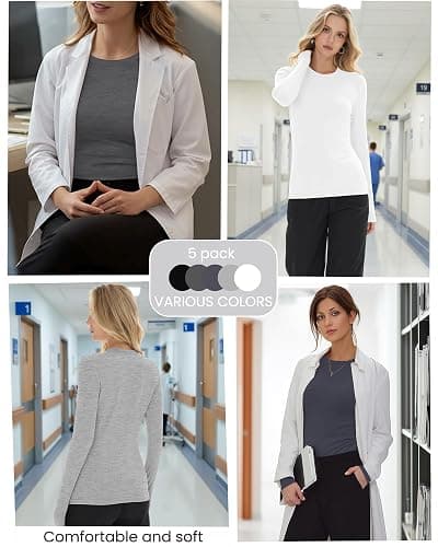 Oakgarden 5 Pack Womens Underscrub Long Sleeve Shirts Slim Fit Crew Neck Tops Basic for Nurse with Soft Fabric thumbnail 3