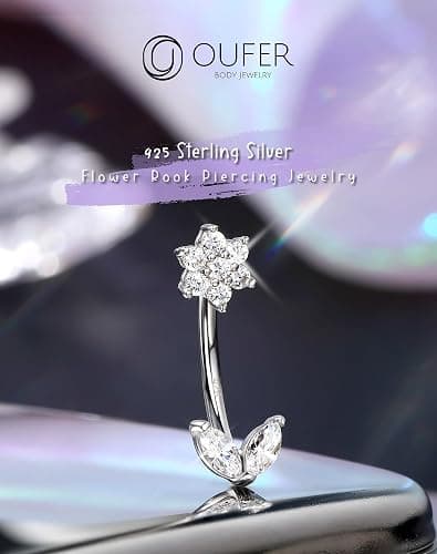 OUFER 925 Sterling Silver Rook Piercing Jewelry, Flower Eyebrow Rings, Silver Curved Barbells 16G, Daith Rook Earrings for Women -8MM thumbnail 2