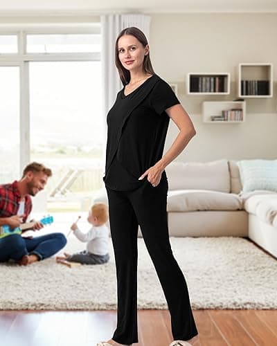 Rnxrbb V Neck Nursing Pajamas Set 3 Pack Postpartum Pjs Breastfeeding Sleepwear for Women Double Layer with Pockets - Medium - Black thumbnail 5