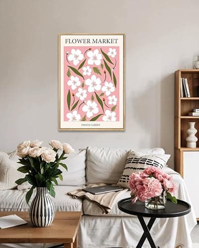 Gufro Flower Market Framed Wall Art,Pink Floral Wall Art Aesthetic Danish Pastel,Abstract Colorful Painting for Bedroom Living Room Dorm Gallery 16x24 inch thumbnail 3