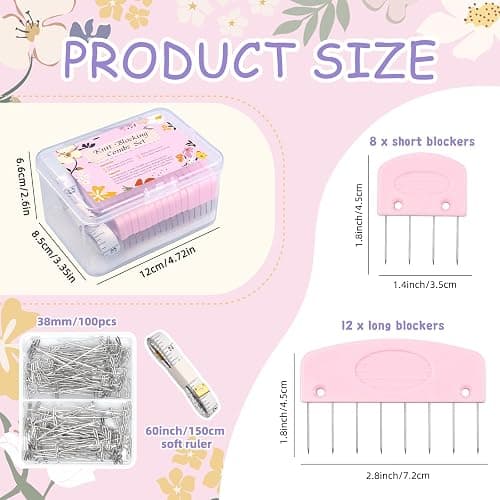 120 Pcs Knit Blocking Combs Pins Kit, 20Pcs Pink Color Knit Blockers Pins Kit, 100 T-pins for Blocking Knitting Crochet, Needlework Projects, Knitting Block Pins Tool for Blocking Mats thumbnail 2