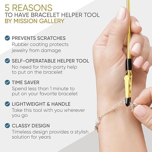 Mission Gallery Bracelet Helper Tool - Fastener Helper Tool for Bracelet, Necklace, Jewelry, Watch - Clip, Clasp Helper - Easy to Put on Yourself, Portable, Made of Metal, Gold thumbnail 2