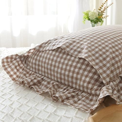 Silnuo Taupe/White Plaid Ruffled Body Pillow Cover Washed Cotton Farmhouse Checkered Gingham 1 Piece Pillowcase for Living Room 20"x54" thumbnail 3