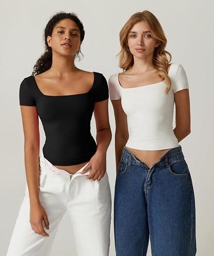 QINSEN Women's Square Neck Short Sleeve Double-Layer Tops Basic Slim Fit Going Out T Shirt thumbnail 5
