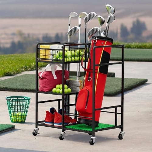 Golf Bag Storage Garage Organizer Golf Bag Stand for Single Golf Bag, Golf Clubs, and Golf Equipment Accessories Golf Bag Holder Storage Rack with Wheels for Garage, Club, Sports, Basement, Black thumbnail 6
