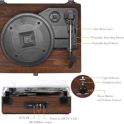 Udreamer Vinyl Player Record Player with Built-in Speakers, Bluetooth Turntable Belt-Driven, Vintage Phonograph with 3 Speeds for Musical Enjoyment and Home Decoration (coffee) - Coffee thumbnail 6