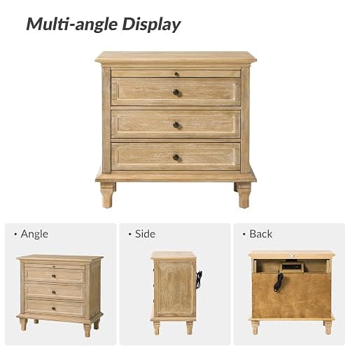 HULALA HOME Farmhouse 3 Drawer End Table with Tray, Drawer Organizer with Solid Wood Legs, End Table with Charging Station（Natural） thumbnail 6