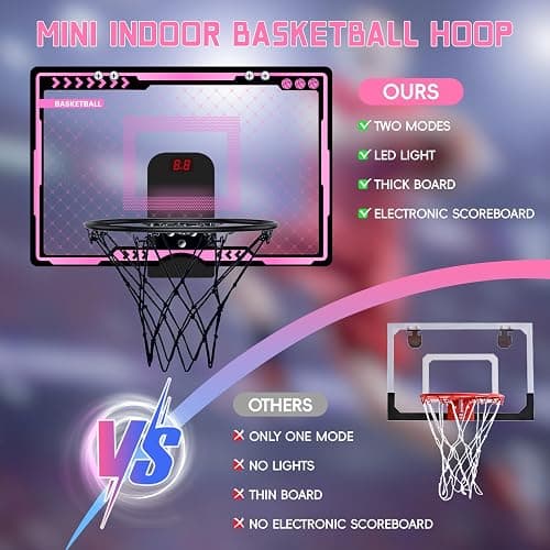 Indoor Basketball Hoop with Electronic Scoreboard and LED Light, Pink Over The Door Basketball Toy, for Kids Aged 4, 5, 6, 7, 8+Years Old thumbnail 2