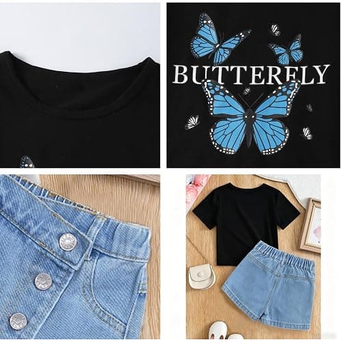 Voxikodex Girls Clothes 2PCS Butterfly Print Short Sleeve T-Shirt Denim Skirt Shorts Set Teen Tween Girls Summer Outfits Set thumbnail 3