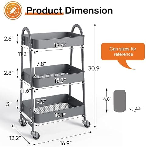 3-Tier Metal Rolling Cart thumbnail 3