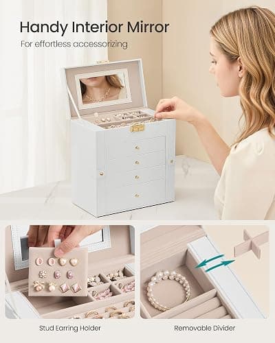 SONGMICS 5-Layer Jewelry Box Organizer with 4 Drawers, Jewelry Storage Case with Lock and Mirror, Large Storage Capacity, Gift for Loved Ones, for Necklaces, Watches, Cream White UJBC153WD01S thumbnail 5