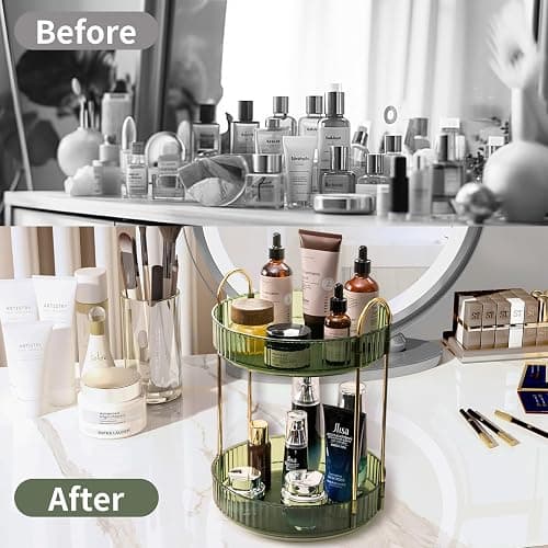 Asayuee 360 Rotating Makeup Organizer for Vanity,2 Tier Large Capacity Skincare Organizers,Bathroom Counter Organizer, Spinning Perfume Organizer & Vanity Organizer (Green-2 Tier) thumbnail 2