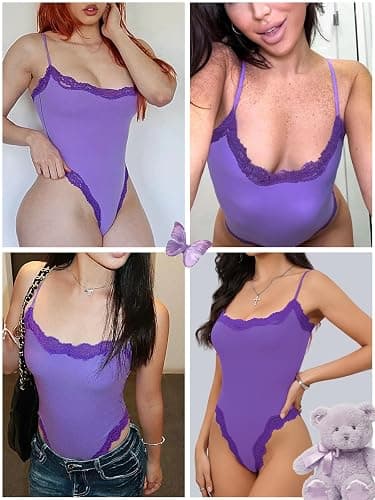 Starrylion Lace Body Suit Square Neck Tops for Women Sleeveless Spaghetti Strap Tank Top Bodysuits for Women Sexy Jumpsuit thumbnail 3