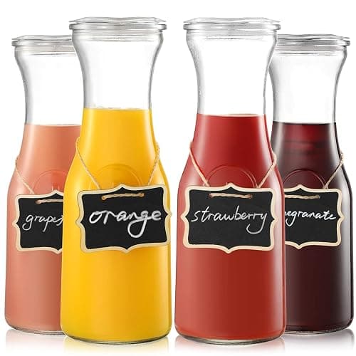 NETANY Set of 4 Glass Carafe with Lid, 1 Liter Beverage Serveware Carafe, Clear Glass Pitcher for Mimosa Bar, Brunch, Cold Water, Juice, Milk, Iced Tea, Lemonade - Image 1