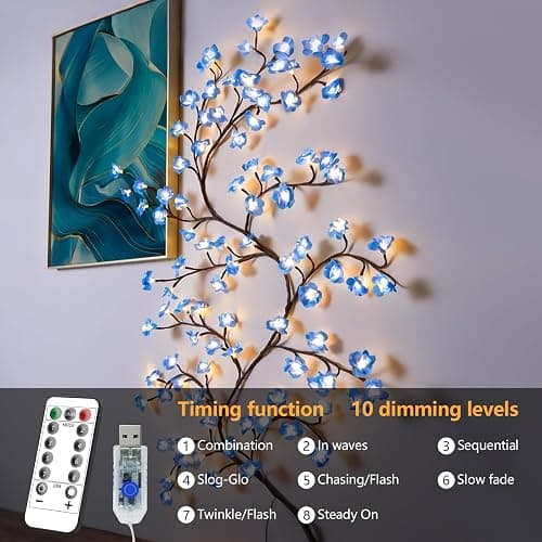 FNHMSL Cherry Enchanted Willow Vine Lights, 7.55FT 144LED Blue Cherry Blossom Tree Branch Lights for Wall, Remote Timer,8 Light Model,Bedroom Wall Doors Wedding, Christmas, USB Battery Box thumbnail 3