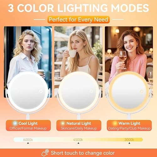 Auxmir Specchio Trucco con Luci 30X/1X Bifacciale, Specchio Ingranditore 8", Specchio da Tavolo Ricaricabile 2000mAh, 3 Colori di Luci 64 LED Rotazione a 360° Smontabile per Camera da Letto, Viaggio thumbnail 5