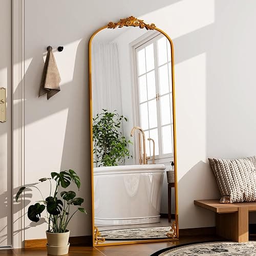 GLSLAND 56"x21" Vintage Full Length Mirror - Carved Arched Floor Standing Mirror, Baroque Full Body Mirrors for Bedroom Living Room Entryway, Gold Frame thumbnail 7
