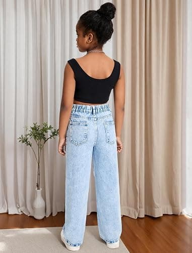 oyyniis Baggy Jeans for Girls Wide Leg Ripped High Elastic Waisted Denim Pants Cute Summer Trousers Y2K Streetwear 7-14Y - A1-ripped Light Blue - 9-10 Years thumbnail 5
