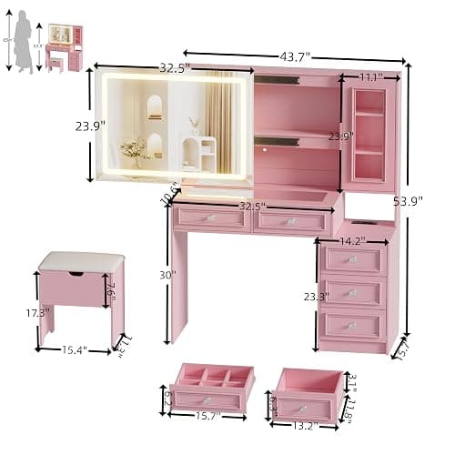 SDMY Vanity Desk with Mirror and Lights, Makeup Vanity Set with 5 Storage Drawers,Power Outlet,Small Dressing Table with Lights 3 Colors,Transparent Top Vanity with Jewelry Organizer for Bedroom,Pink thumbnail 2
