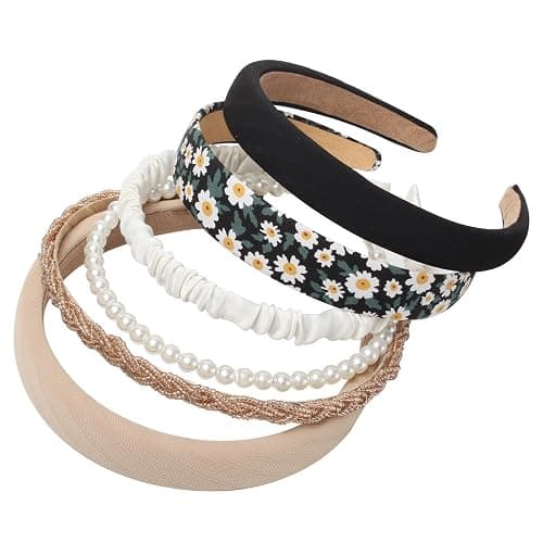 Cuizhiyu 6PK Different Designs Headbands for Women, Non-Slip Flower, Cute Pearl, Twisted, Black White Solid Headbands Set - Image 1