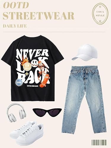 UOUA Mens Graphic Tees Vintage T-Shirts Oversized Letter Print Casual Crewneck Cotton Top Short Sleeve Rapper Streetwear thumbnail 7