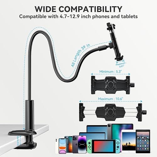 KDD Gooseneck Tablet Stand, 360° Adjustable Phone & iPad Holder for Bed and Desk, Flexible Arm Mount Clip for Video Recording, Bedside & Headboard Clamp for iPad Pro 12.9, Mini, Switch thumbnail 6