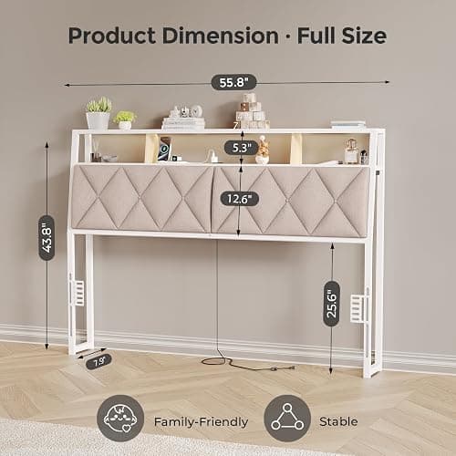Salamir Full Headboard Only, Headboard for Full Size Bed with Storage, Upholstered Headboards with LED Lights & Charging Station, Attach Frame, Ideal for Bedroom/Dorm/Guest Room, White & Beige thumbnail 2
