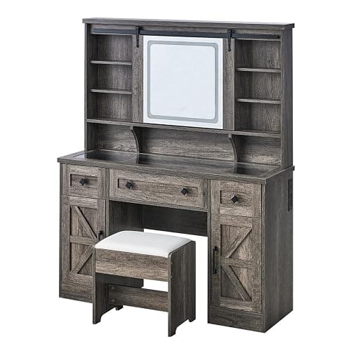 AMERLIFE 47.2" Farmhouse Vanity Desk with Mirror and Lights, Rustic Makeup Vanity Table with Charging Station, Vanity Set with Stool & Storage, LED Sliding Mirror & Glass Top, Dark Oak Finish thumbnail 9