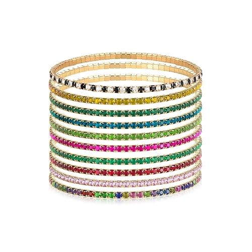 10Pcs Stretch Crystals Tennis Bracelets Set for Women Dainty Handmade Cubic Zirconia Stackable Bracelet to Women Daughter Mom Unique Jewelry Gift - Gold - Image 1