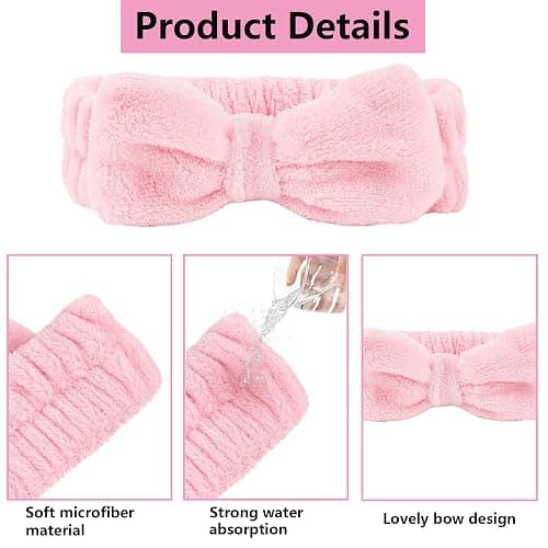 3 PCS Spa Headband and Wristband Set,Face Wash Headband Wrist Band,Makeup Skincare Headband Wrist Bands,Bowknot Elastic Strap for Makeup,for face wash,make-up,shower,massage,etc (Pink) thumbnail 3