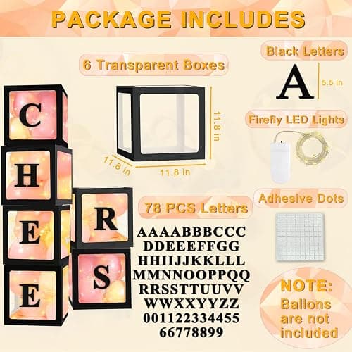 Ledido Transparent Balloon Boxes with 78 Letters Numbers Fairy Lights 6PCS | Black Clear Balloon Boxes with String Lights for Baby Shower Gender Reveal 2026 Hoco Party Birthday Anniversary Bridal Decor thumbnail 2