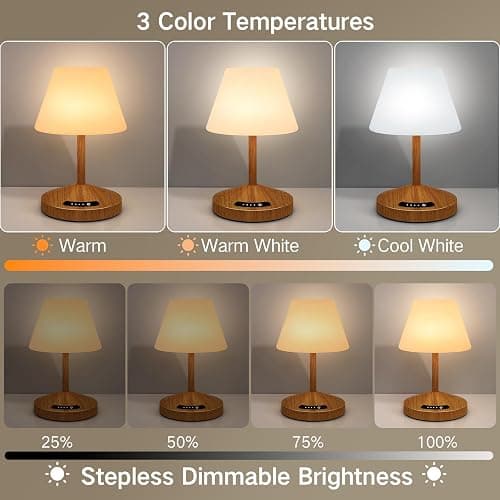 OUTON Rechargeable LED Shower & Table Lamp, Waterproof, USB Output, Stepless Dimming, 3 Colors, Power Indicator, Memory Function, Battery Operated Light for Home, Bathroom, Patio & Outdoor (Wood) thumbnail 3