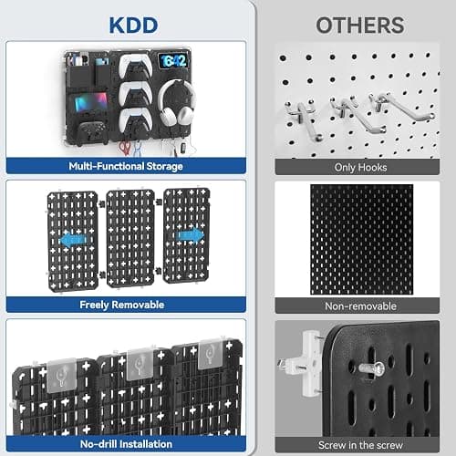 KDD 9 in 1 RGB Gaming Wall Organizer Peg Board - DIY Pegboard Combination Kit with Phone Stand/Pen Holder/Storage Box/Headset & Controller Holder/Hooks for Office & Home Gamer Room Decor Accessories thumbnail 5