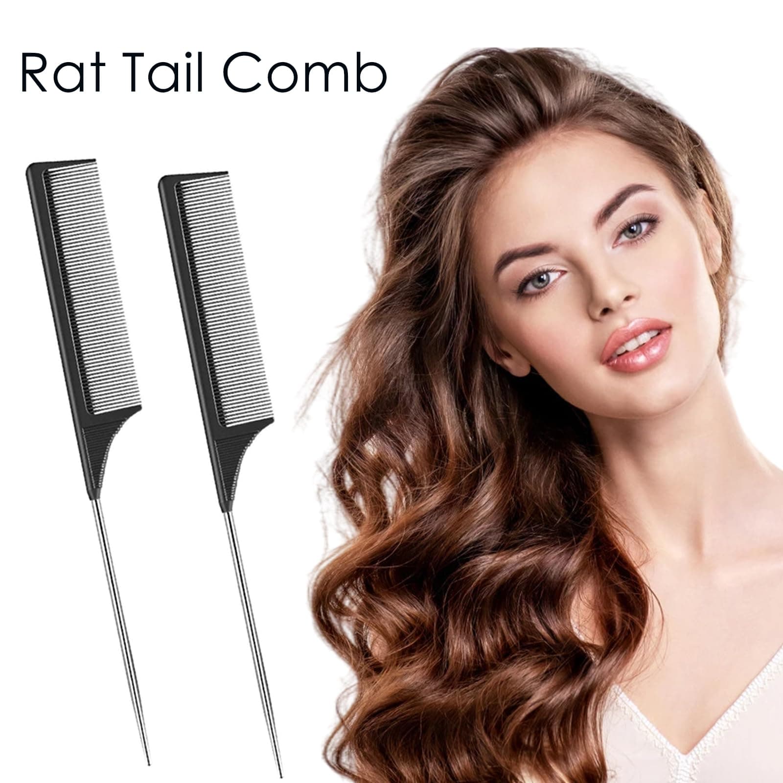 ROTOPATA 2 Pack Rat Tail Combs, Fine Tooth Combs with Steel Pintail | Lightweight Carbon Hair Comb, Black Pick Comb for Women Parting Teasing Coloring Braiding Salon Styling thumbnail 2